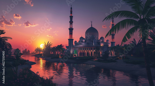 Illustration of arab nightscape and mosque
