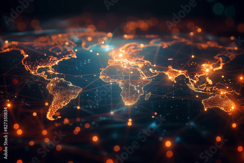 The world map in the photo, illuminated by glowing lines and dots, represents the digital connections that span across various regions, demonstrating the power of global communicat