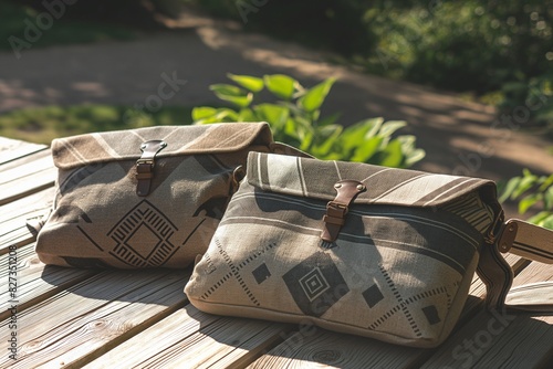 Two eco-friendly canvas shoulder bags adorned with geometric patterns, lying casually on a sun-drenched wooden deck overlooking a tranquil garden, embodying sustainable style for eco-con