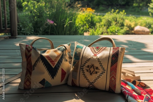 Two eco-friendly canvas shoulder bags adorned with geometric patterns, lying casually on a sun-drenched wooden deck overlooking a tranquil garden, embodying sustainable style for eco-con