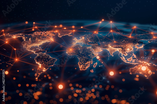 The photo of a world map illuminated by glowing lines and dots shows the digital connections spanning across continents, symbolizing the far-reaching impact of technology