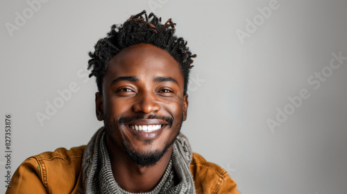 African American actor smiling on stage, plain white background