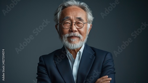 portrait of a business man senior management asian senior man old man with suit feel happy good health standing arms crossed copy space ad new isolated over bright white color background