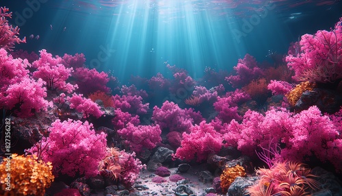 Sunbeams illuminate vibrant pink coral reef underwater.