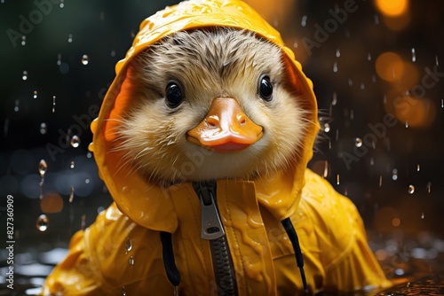 cute duck wearing raincoat rain