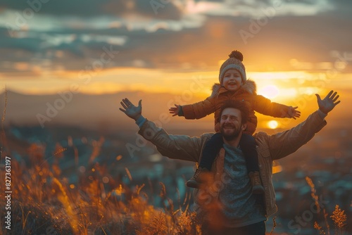 Father and Child Enjoying Sunset on Hilltop. Father's day concept