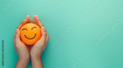 closeup of hands holding a winking emoji on a mint green background with space for copy The emoji is bright orange, adding a playful touch