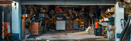 The ultimate garage essentials Workbench Flashlight Power tools with dark background