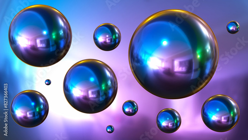 Shiny colored balls abstract background, 3d purple blue metallic glossy spheres wallpaper.