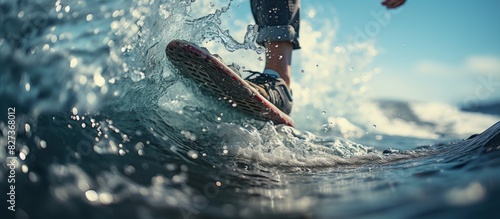 Surfing. Athlete feet on a board on a wave
