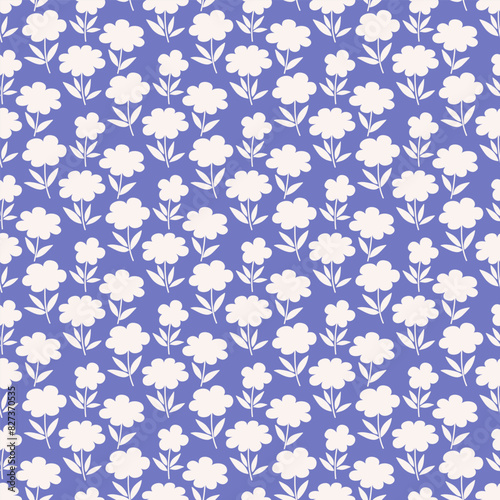 Ditsy style fabric, floral seamless pattern. Vintage decorative print with small white flowers and leaves on a violet background. Vector illustration