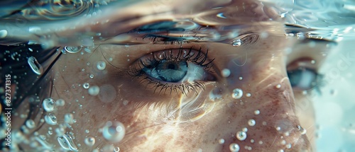 Close-up of a woman's face with water droplets on her skin