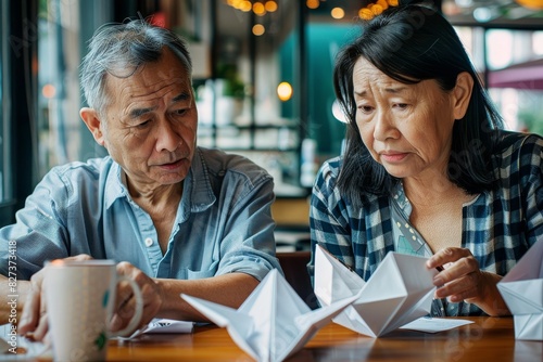 Senior Asian couple concentrating on folding paper boats, symbolizing patience and dexterity in later life