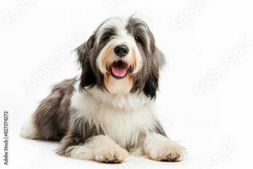 Hermoso y adorable perro boltail grande tumbado sobre sus cuatro patas, sobre fondo blanco