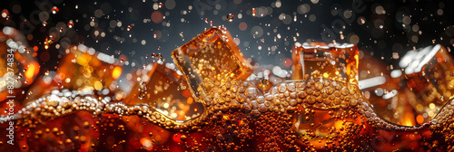 Close up of cold soda with ice cubes on a black background, Close-up of sparkling soda with ice cubes and bubbles creating a refreshing and invigorating beverage visual.banner 