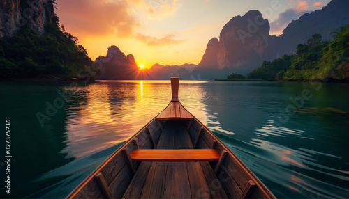 Relaxing canoe view in water of beautiful lake, coast at sunset, nobody. Wooden boat on the calm fresh water of the lake. Nature relax wallpaper