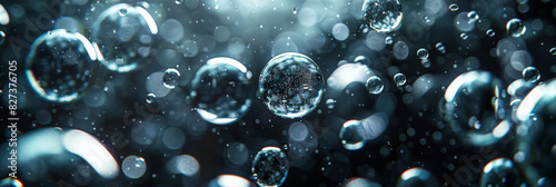 Floating water bubbles in dark background with sparkling reflections and bokeh effect creating a mesmerizing and dreamy atmosphere 
