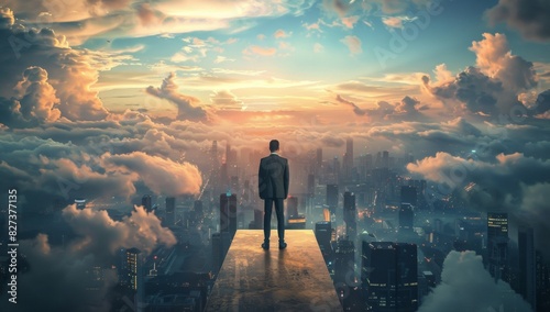 Businessman standing on a podium in a cityscape, looking at the horizon with the sky and clouds