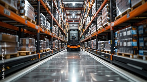 An automated guided vehicle (AGV) transporting goods in a warehouse.