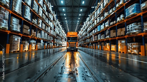 An automated guided vehicle (AGV) transporting goods in a warehouse.