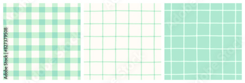Mint green patchwork quilt gingham check and grid seamless vector pattern. Pastel green on white vichy check plaid print