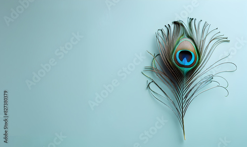 single Beautiful bright peacock feathers on a blue background Detail of peacock feather eye on-spotted tail of covert feathers Close-up isolated on blue background.