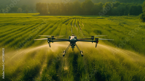 Drone Spraying pesticides Over Lush Green Crop Field, unmanned Irrigation System in the agriculture field