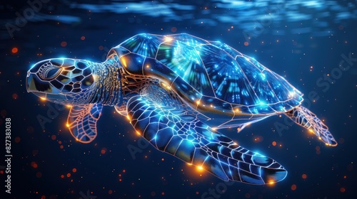 Abstract swimming sea turtle in polygons on technology blue background