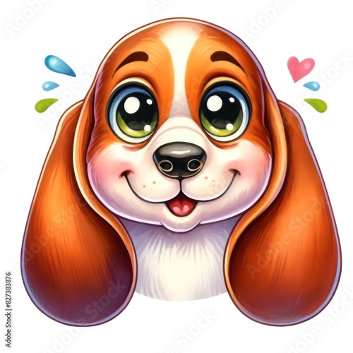 A cheerful watercolor cartoon Basset Hound with big, expressive, bright, and sparkling eyes. The Basset Hound has long, floppy ears and a friendly