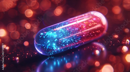 Smart digital pill or capsule on glowing blue and red background. Future Healthcare, Pharmaceutical and scientific medical technology concept.