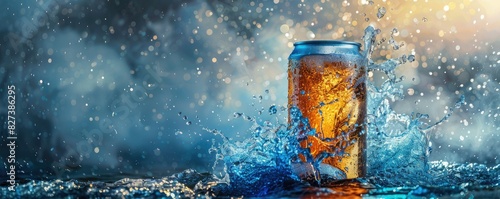 A cold beverage can surrounded by splashing water and ice, creating a refreshing and vibrant scene with a dramatic background.