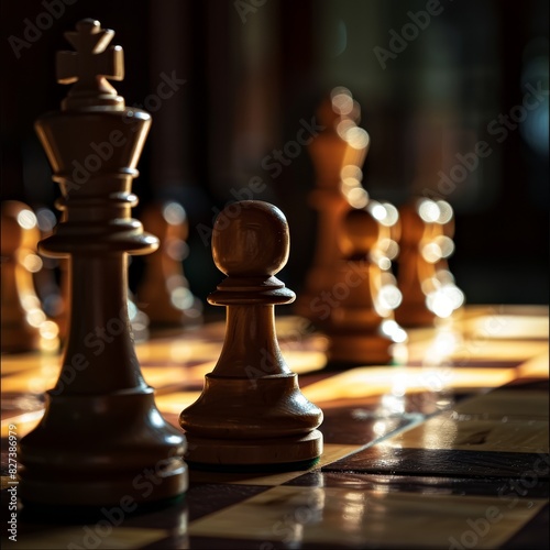Detailed close-up of wooden chess pieces arranged on a chessboard, illuminated by warm light, emphasizing the strategic and intellectual nature of the game. 