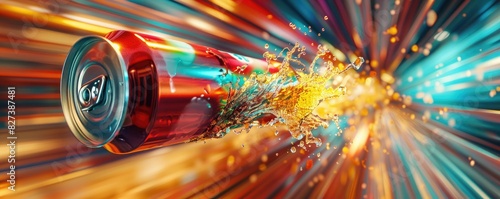 Dynamic image of a red soda can bursting with energy and speed, surrounded by vibrant, colorful streaks and splashes.