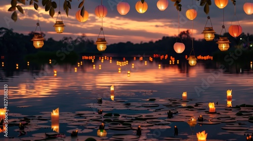 A serene lakeside stage, with floating lanterns and water lilies at sunset, creates an enchanting ambiance.