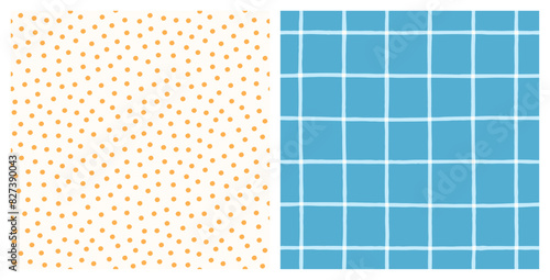 Mustard yellow polka dot and blue grid check seamless vector patterns. Hand-drawn plaid and dot repeat print background.