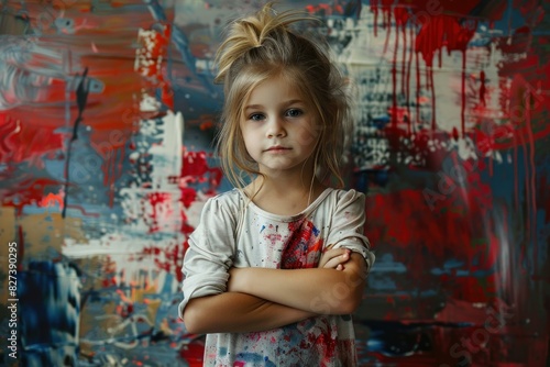 Portrait of a pensive child with paint splatters, standing before a vibrant artwork