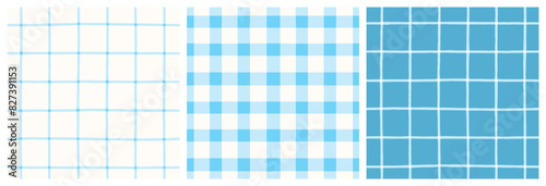 Light blue patchwork quilt gingham check and grid seamless vector pattern. Pastel blue on white vichy check plaid print.