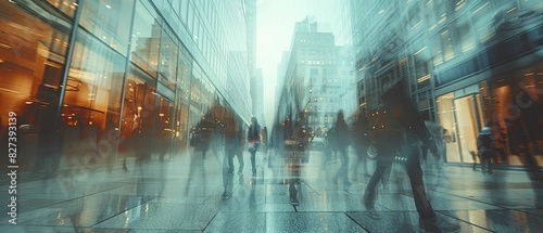 Ghostly figures blur past in the hustle of a glass cityscape, wide-angle view of blurred figures in a modern city