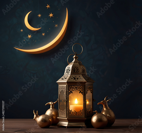 Islamic background with lantern ornaments and mosque buildings is suitable for Eid ul Adha events or Islamic celebrations