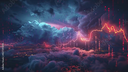 Visualize volatile market effects through a lightning storm over stock graphs, capturing a wide view with dark clouds and striking lightning, all in a minimal style.