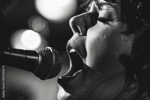 Intense monochromatic image of a singer at a microphone during a performance