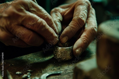 Closeup of jeweler's hands working on engraving intricate designs on a silver ring in a workshop