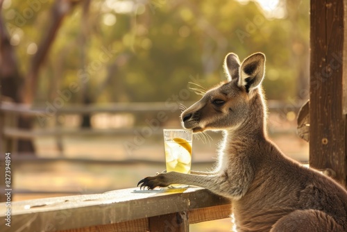 Humorous scene of a kangaroo sitting leisurely with what appears to be a glass of lemonade