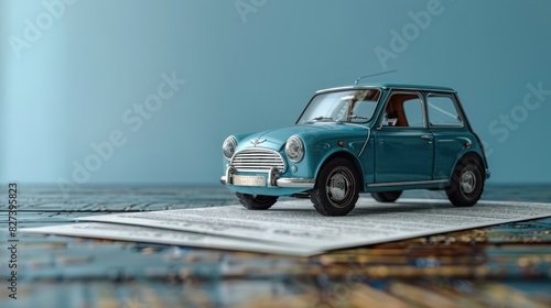 Cartoon blue car and contract on the blue background