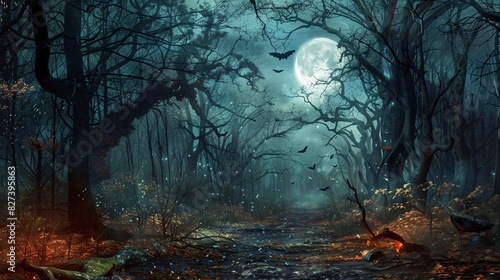 A Mystical Forest Scene at Night with Silhouetted Trees, Birds in Flight, and a Full Moon