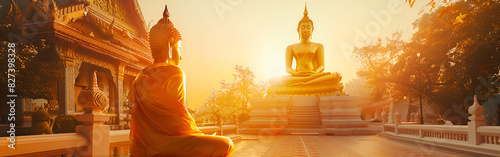 A photo of a Thai temple with a golden Buddha statue sun rising background indian tradion