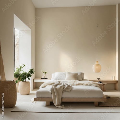 Décoration Contemporaine et Épurée d'une Chambre Lumineuse et Spacieuse, Utilisant des Éléments Naturels et des Tons Doux pour Créer une Ambiance Relaxante et Confortable.