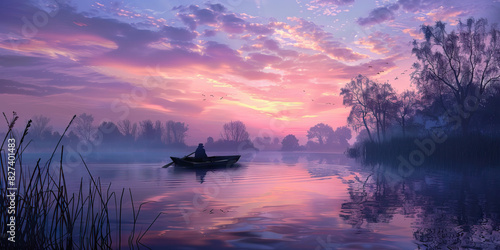 Boat Ride at Dusk: A couple taking a boat ride on a pastel-colored lake at dusk, with the sky reflecting in the water, creating a serene and romantic atmosphere