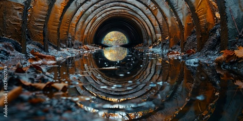 Drain tunnel with colorful autumn leaves reflection