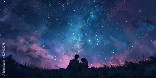 Stargazing: A couple lying on a blanket under the stars, with pastel hues of the night sky creating a dreamy backdrop for their moment together